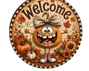 Whimsical fall pumpkin welcome wreath sign, aluminum wreath sign, wreath attachment, round wreath sign, door decor, funny welcome sign