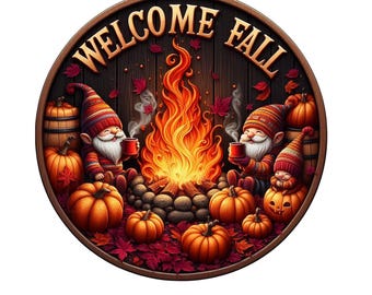 Gnomes around a campfire welcome fall wreath sign, metal wreath sign, pumpkins, door decor, Lindys sign creations