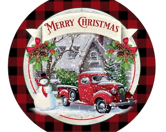 Merry Christmas wreath sign, red truck and Christmas tree, wreath attachment, metal sign for wreaths
