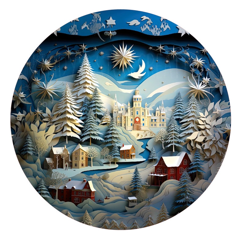 May include: A papercraft winter scene with a white castle, snow-covered trees, and houses. The scene is illuminated by a large star and a crescent moon.