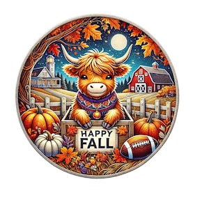 Letrero de corona de vaca de las Highlands feliz otoño con calabazas y fútbol, letrero de corona de metal, letrero de corona redonda, decoración de puerta, creaciones de letreros de Lindys