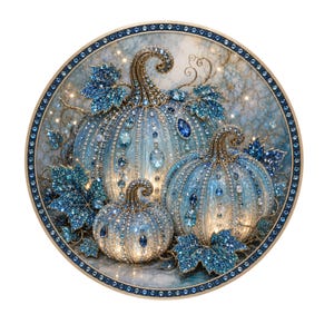 May include: A decorative round artwork featuring three light blue pumpkins adorned with sparkling crystals and jewels. The pumpkins are surrounded by blue crystal leaves and set against a soft, glowing background. The artwork is framed with a border of blue crystals.