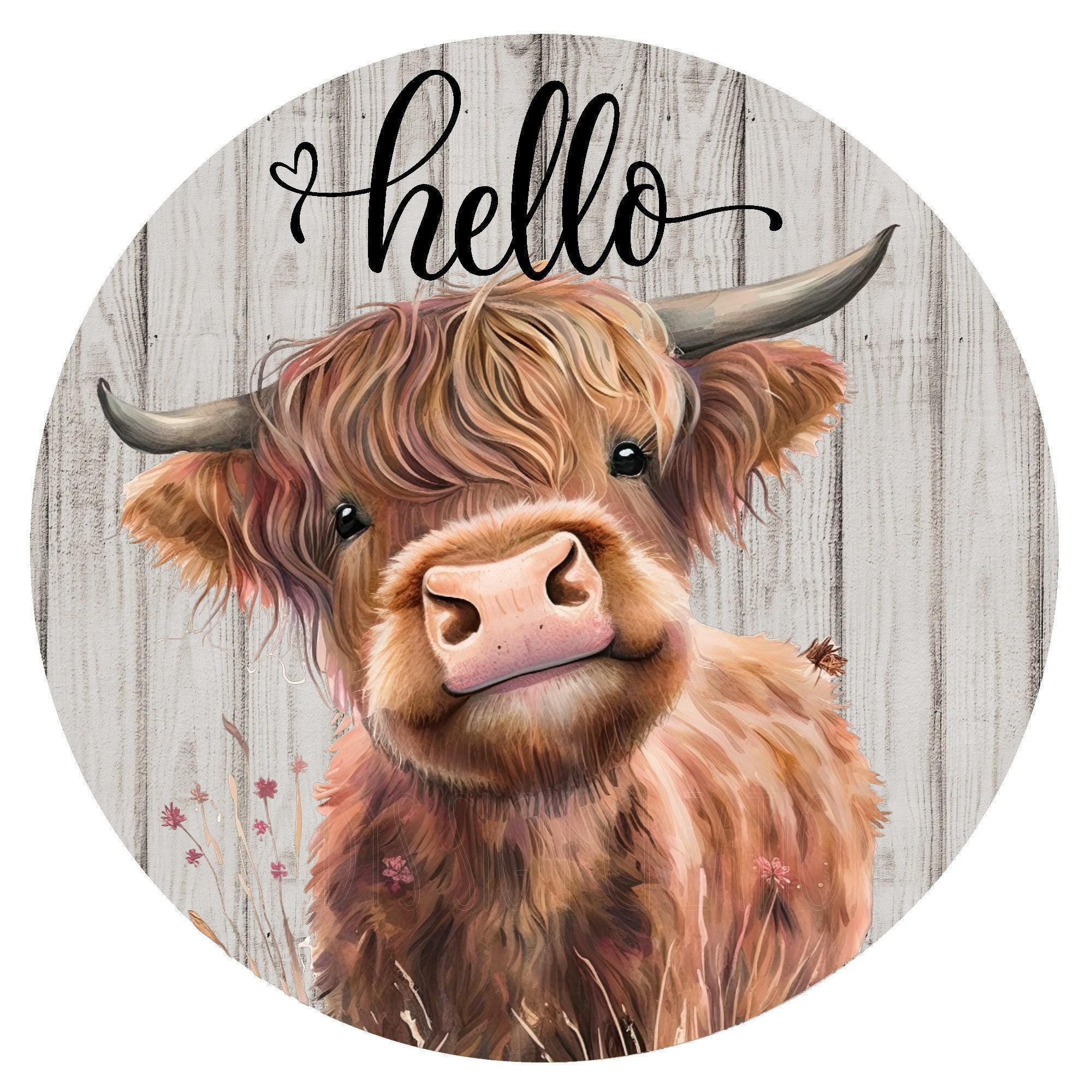 Highland Cow Hello Wreath Sign, Metal Wreath Sign, Round Wreath