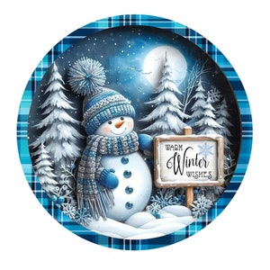 May include: A blue and white snowman with a blue scarf and hat stands in a snowy forest with a sign that reads "Warm Winter Wishes". The background is a dark blue sky with a full moon.