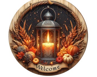 Fall welcome lantern with candle wreath sign, metal wreath sign, door decor, round wreath sign, Lindys sign creations