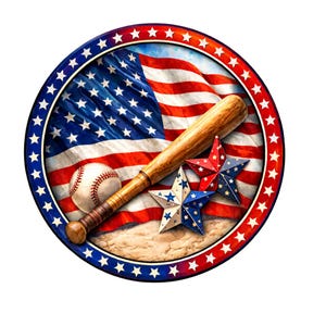 May include: Circular design featuring an American flag, baseball, and baseball bat. Red, white, and blue stars and stripes are prominent. A baseball bat rests across the flag, with a baseball and star-shaped decorations.