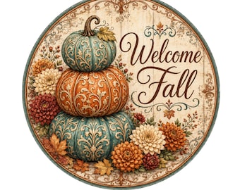 Teal and orange scroll pumpkins welcome fall wreath sign, aluminum wreath sign, wreath attachment, round wreath sign, door decor