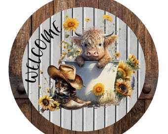 Baby highland cow with cowboy boots and hat wreath sign, metal wreath sign, door decor, round wreath sign, Lindys sign creations