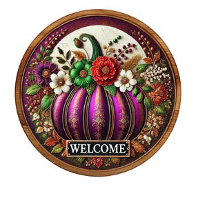 Fancy purple pumpkin with florals welcome wreath sign, metal wreath sign, door decor, Lindys sign creations