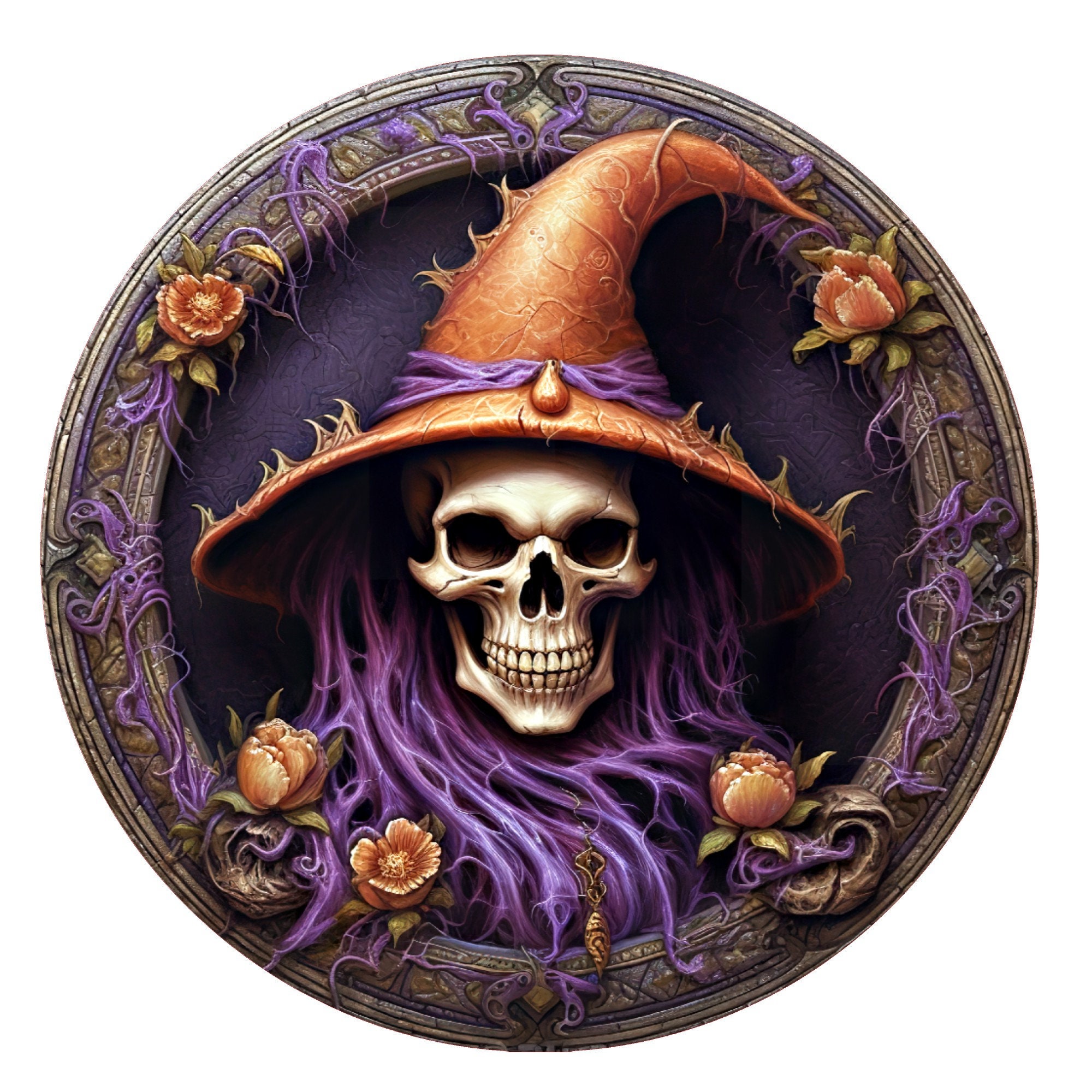 Skeleton Halloween witch wreath sign, metal wreath sign, round wreath sign, door decor, Lindys sign creations