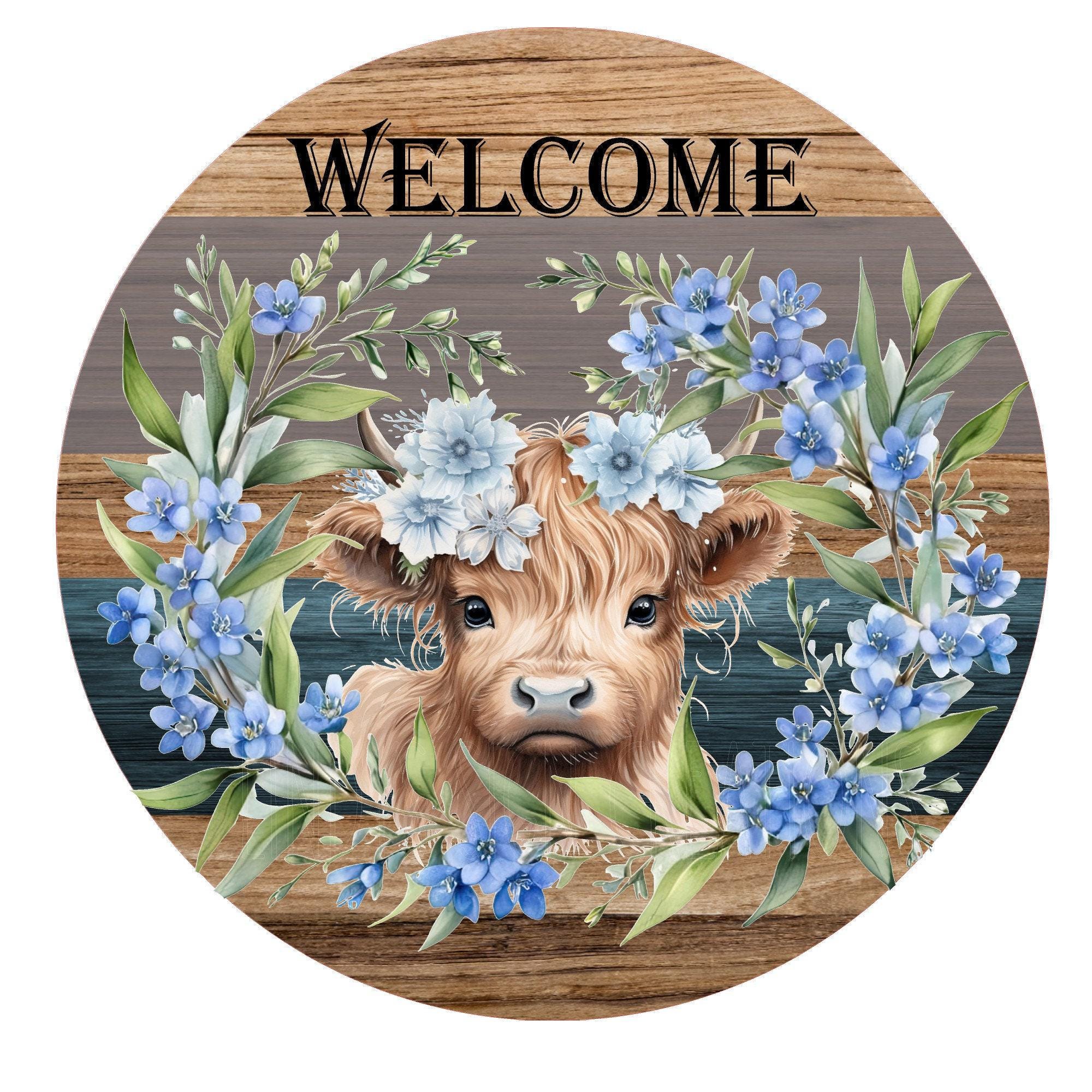Highland Cow With Blue Flowers Welcome Wreath Sign, Metal Wreath