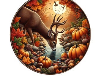 Deer drinking at river during fall wreath sign, metal wreath sign, round wreath sign, door decor, Lindys sign creations