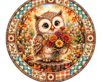 Owl holding fall flowers with patchwork border wreath sign, aluminum wreath sign, wreath attachment, door decor, round wreath sign