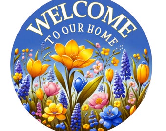 Welcome to our home floral wreath sign, metal wreath sign, round sign, door decor, Lindys sign creations