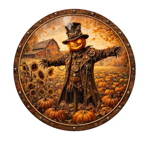 May include: A round, wooden-framed image features a steampunk-style scarecrow with a pumpkin head, wearing a brown coat and top hat. The scarecrow stands in a pumpkin patch with a barn in the background. Sunflowers and pumpkins are scattered throughout the scene.
