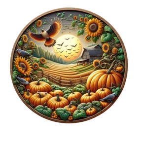 Letrero de corona de campo de calabaza, letrero de corona de otoño, letrero de corona de metal, decoración de puerta, creaciones de letreros de Lindys