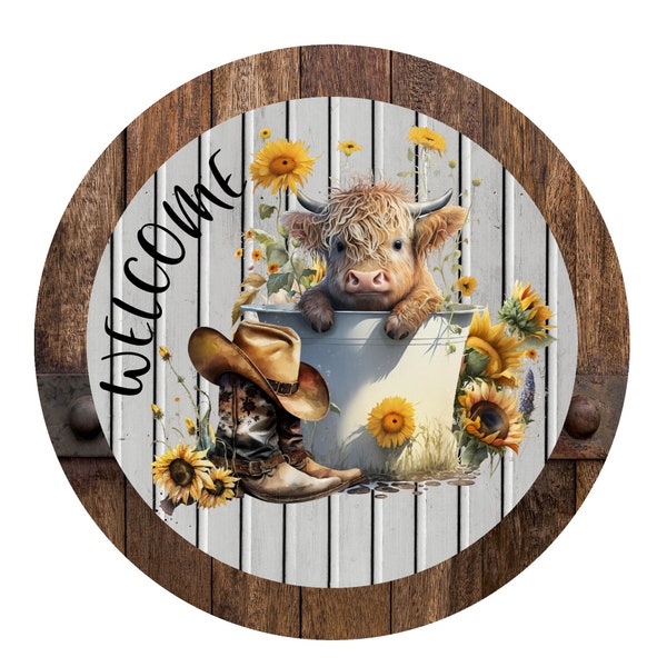 Baby highland cow with cowboy boots and hat wreath sign, metal wreath sign, door decor, round wreath sign, Lindys sign creations