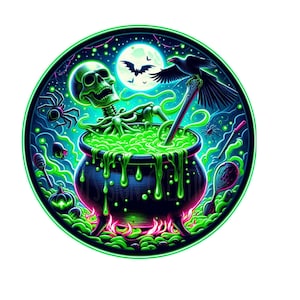 Skeleton in green slime cauldron Halloween wreath sign, metal wreath sign, door decor, Lindys sign creations