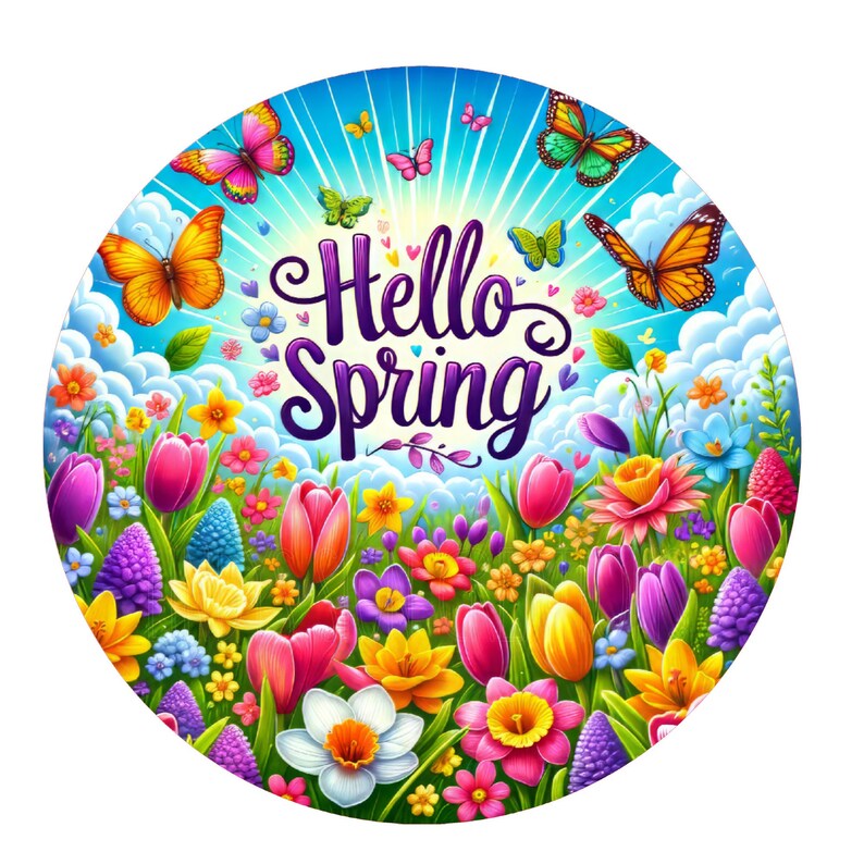 May include: A colorful illustration of a spring scene with flowers, butterflies, and the text "Hello Spring".