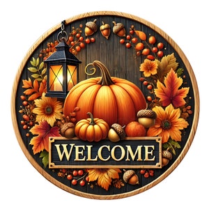 Letrero de bienvenida de otoño con calabazas y corona de linternas, letrero de corona de metal, letrero de corona redonda, decoración de puerta, creaciones de letreros de Lindys