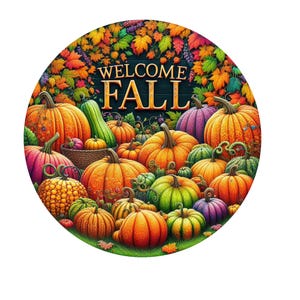 Calabazas coloridas, calabacines y hojas dan la bienvenida al otoño, letrero de corona de metal, decoración de puerta, creaciones de letreros de Lindys