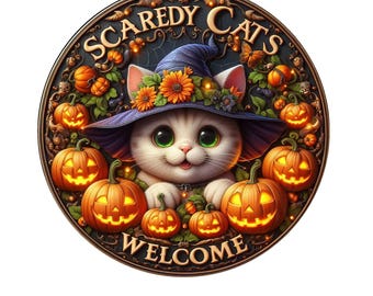Cute kitty scaredy cats welcome wreath sign, Halloween wreath sign, metal wreath sign, door decor, Lindys sign creations