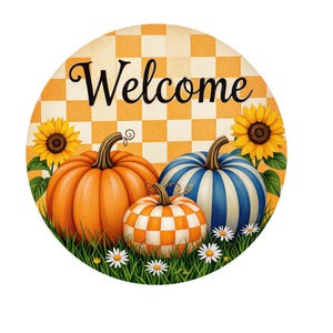Welcome pumpkin wreath sign, metal wreath sign, blue striped pumpkin sign, orange checkerboard pumpkin sign, Lindys sign creations