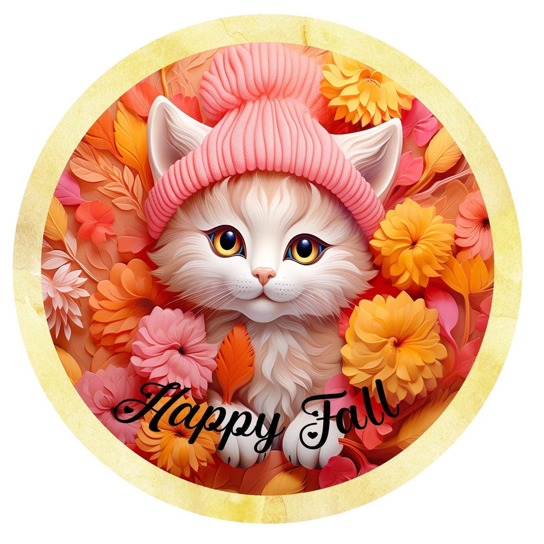 Happy Fall Cute Kitty Wreath Sign, Metal Wreath Sign, Round Wreath Sign ...