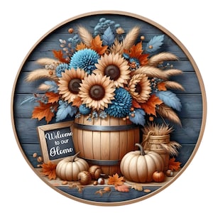 Letrero de corona de flores de otoño de bienvenida a nuestro hogar, letrero de corona de metal, letrero de corona redonda, decoración de puerta, creaciones de letreros de Lindys