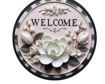 Corona de bienvenida con magnolia blanca y tablero de ajedrez negro, corona floral, corona de aluminio, accesorio para corona, decoración de puerta