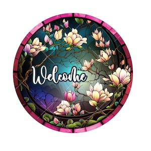 Faux stained glass magnolia welcome wreath sign, metal wreath sign, signs for wreaths, round wreath sign, lindys sign creations