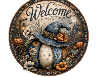 Lace pumpkin with witch hat welcome wreath sign, aluminum wreath sign, wreath attachment, round wreath sign, door decor, fall wreath sign