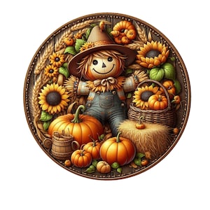 Letrero de corona de espantapájaros y calabazas, letrero de corona de otoño, letrero de corona de metal, letrero de corona redonda, decoración de puerta, creaciones de letreros de Lindys