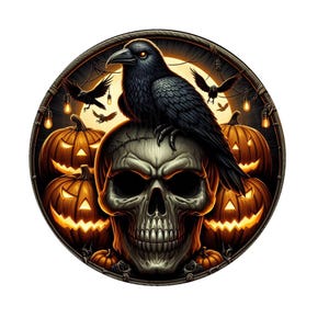 Corona de Halloween espeluznante con calavera y cuervo, corona de otoño, corona de metal, decoración de puertas, creaciones de letreros de Lindys