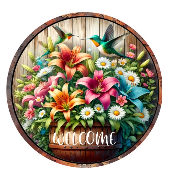 Hummingbirds and daylily welcome wreath sign, metal wreath sign, farmhouse sign, door decor, round wreath sign, Lindys sign creations