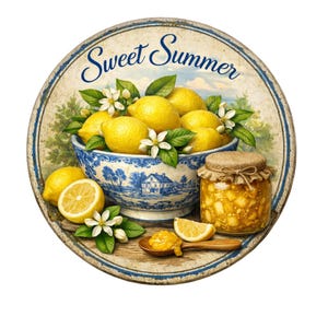 May include: A round wooden sign with the text "Sweet Summer" features a blue and white bowl filled with lemons, lemon slices, and a jar of preserves. The sign has a distressed, vintage look, with a blue and white border.