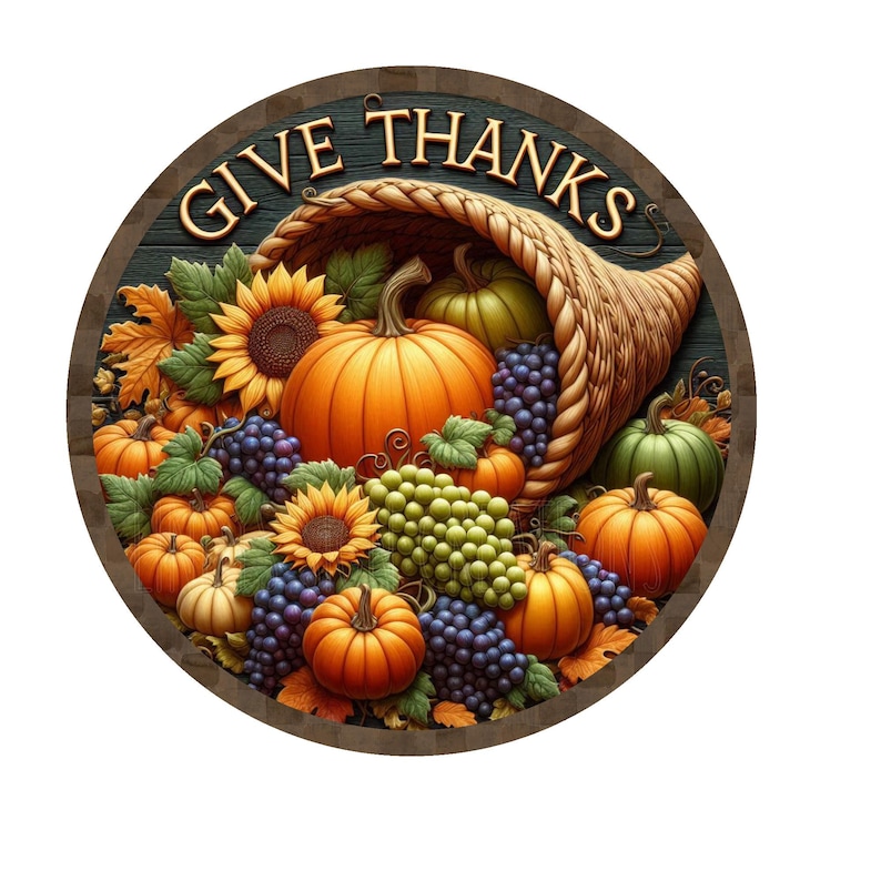 Cornucopia Give Thanks Wreath Sign, Pumpkins, Grapes, Sunflowers Wreath