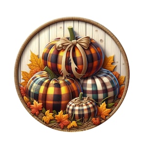 Letrero de corona de calabazas a cuadros de otoño, letrero de corona de metal, letrero de corona redonda, decoración de puerta, creaciones de letreros de Lindys