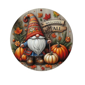 Letrero de corona de otoño de bienvenida de gnomo, letrero de corona de metal, letrero de corona redonda, decoración de puerta, decoración de otoño, creaciones de letreros de Lindys