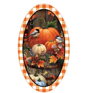 Letrero de corona de otoño ovalado con calabaza y pájaros, letrero de corona de metal, letrero de corona ovalado, decoración de puerta, creaciones de letreros de Lindys