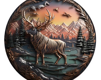 May include: A circular, copper-toned metal wall art piece depicting a stylized elk standing in a mountain landscape. The elk is facing left and has large antlers. The background features a sunset sky, mountains, and trees.