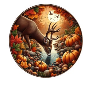 Letrero de corona con ciervos bebiendo del río durante el otoño, letrero de corona de metal, letrero de corona redonda, decoración de puerta, creaciones de letreros de Lindys