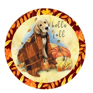 Letrero de corona de perro "Hola otoño", letrero de corona de metal, letreros para coronas, colgante de puerta de otoño, creaciones de letreros de Lindys, letreros de decoración del hogar de otoño