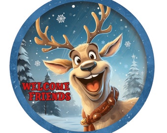 Smiling reindeer welcome friends wreath sign, metal wreath sign, round wreath sign, home decor, Lindys sign creations