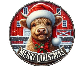 Highland cow with Santa hat Merry Christmas wreath sign, metal wreath sign, door decor, Lindys sign creations