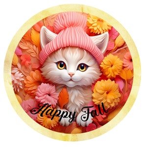 Letrero de corona de metal con lindo gatito feliz otoño, letrero de corona redonda, decoración de puerta, creaciones de letreros de Lindys