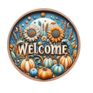 Letrero de corona de otoño con girasoles y calabazas, letrero de corona de metal, decoración de puerta, creaciones de letreros de Lindys