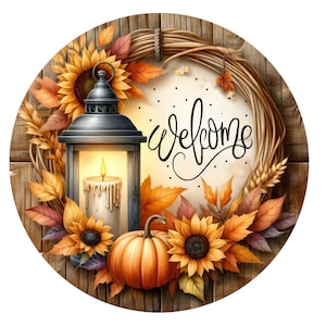 Letrero de bienvenida con forma de corona de metal, letrero de corona redonda, decoración de puerta, creaciones de letreros de Lindys, linterna de otoño con vela