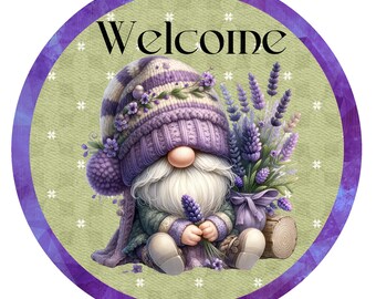 May include: A purple gnome wearing a knitted hat and holding a bouquet of lavender flowers. The gnome is sitting on a green background with the word "Welcome" written above it.