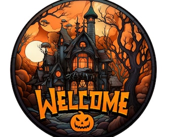 Welcome Halloween house wreath sign, metal wreath sign, round wreath sign, door decor, Lindys sign creations